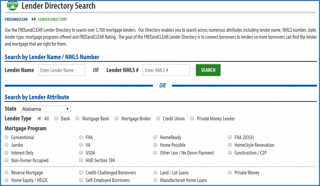 FREEandCLEAR Lender Directory